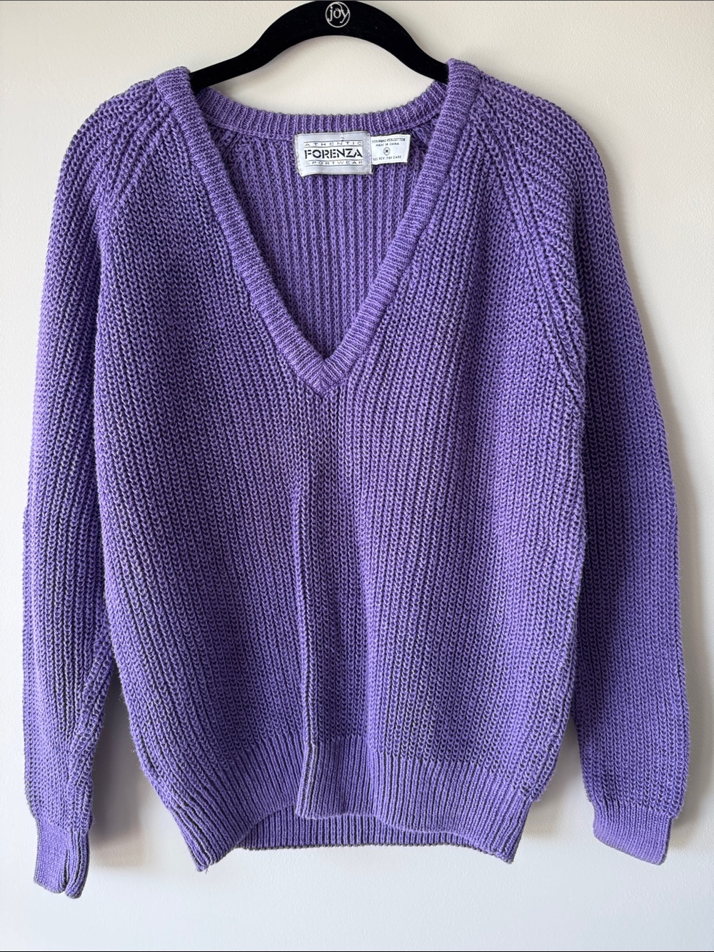 Vintage 80s Forenza Lavender Purple V-Neck Shaker Knit Cotton Sweater Preppy